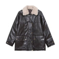 Women's Oversized Faux Leather Field Jacket with Detachable Teddy Collar and Flap Pockets Fashion Glam