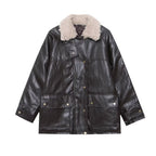 Women's Oversized Faux Leather Field Jacket with Detachable Teddy Collar and Flap Pockets Fashion Glam