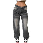 Women's High-Waisted Casual Wide-Leg Denim Pants with Vintage Wash and Extra Length Fashion Glam