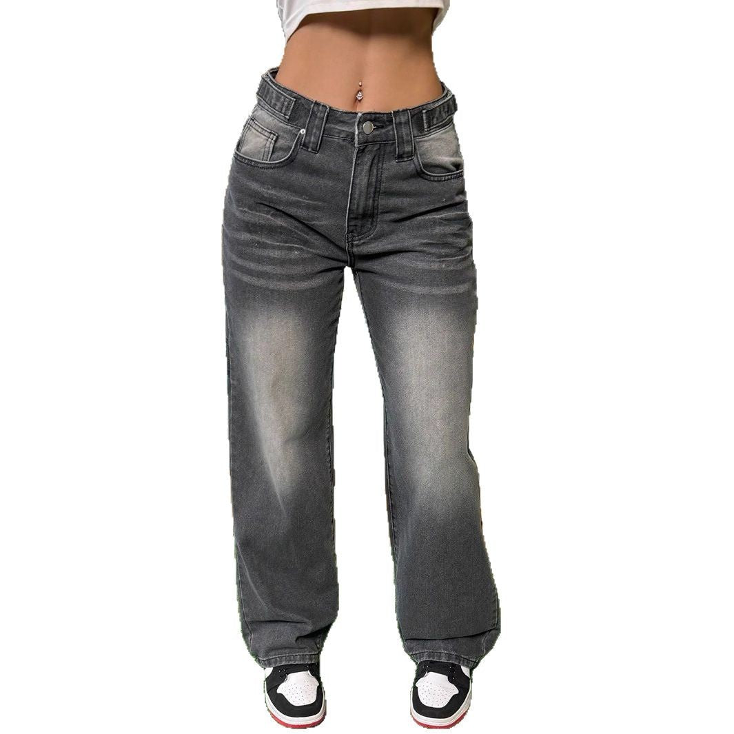 Women's High-Waisted Casual Wide-Leg Denim Pants with Vintage Wash and Extra Length Fashion Glam