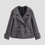 Women's Cropped Double-Breasted Blazer in Glen Check with Oversized Lapels and Turn-Up Sleeves Fashion Glam