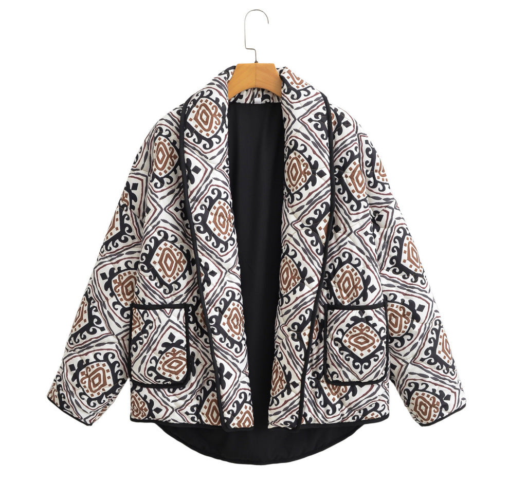 Women's Oversize Quilted Short Jacket in Kimono Style with Ethno Pattern Fashion Glam