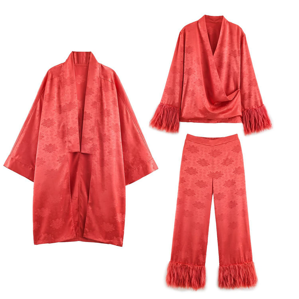 Ladies high-waisted satin pants with jacquard floral pattern and feather fringes Fashion Glam