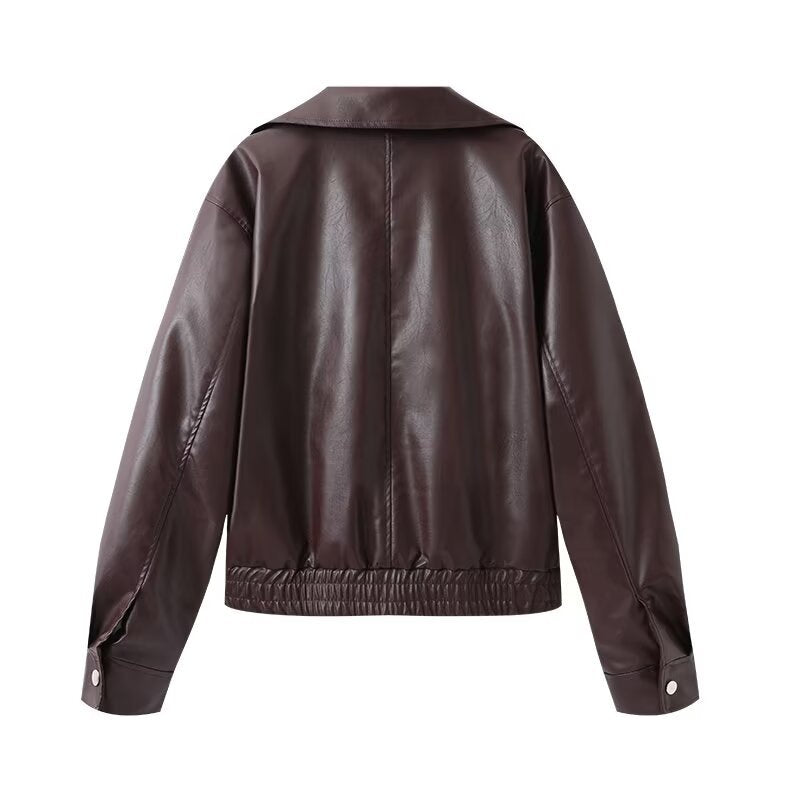 Women Cropped Faux Leather Bomber Jacket with Oversized Shirt Collar and Elastic Hem Fashion Glam