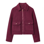 Women's short jacket in velour look with flap patch pockets and full-length zipper Fashion Glam