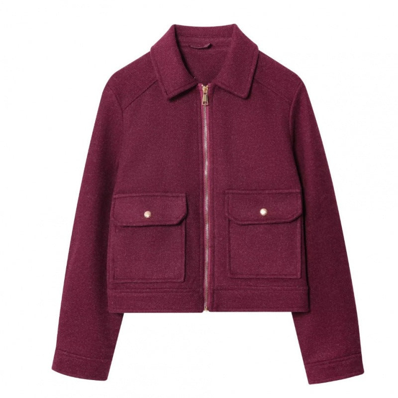 Women's short jacket in velour look with flap patch pockets and full-length zipper Fashion Glam