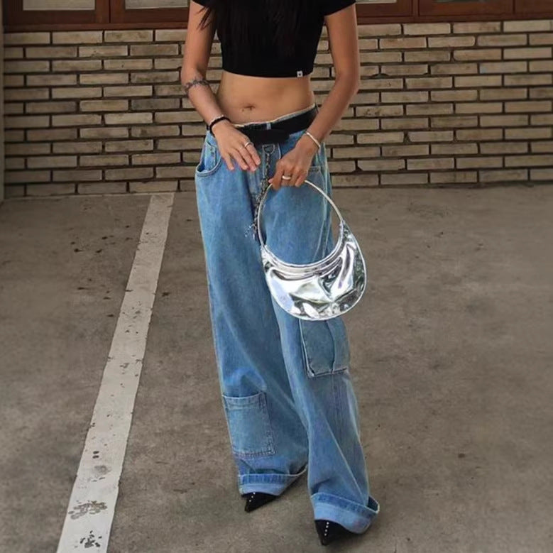 Women Extra Wide Baggy Jeans with Cargo Patches and Low Waist Fashion Glam
