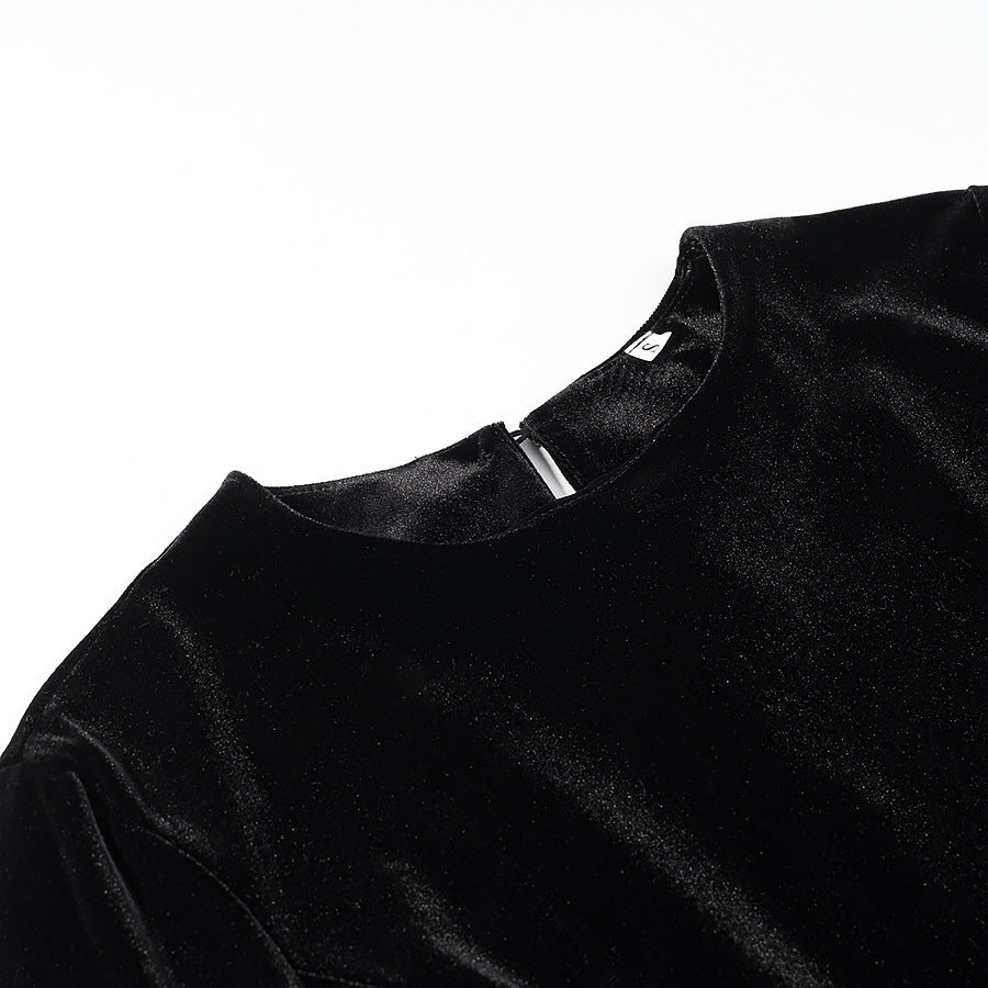 Women’s velvet blouse with lace trim and curved slit neckline Fashion Glam