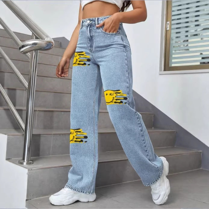 Ladies high-waisted wide denim jeans with striking print spot accents Fashion Glam