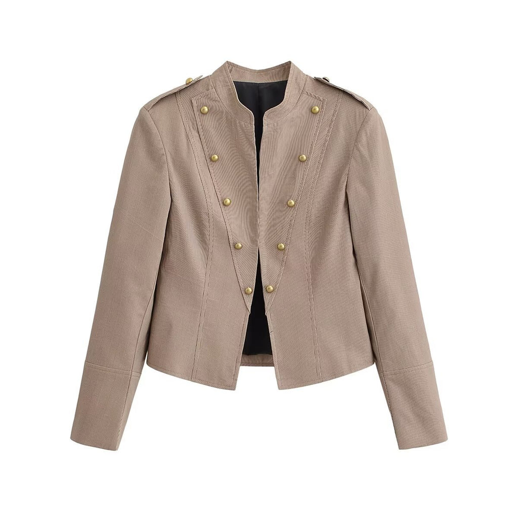 Women's military-inspired fitted short jacket with stand-up collar and decorative button placket Fashion Glam