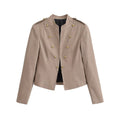 Women's military-inspired fitted short jacket with stand-up collar and decorative button placket Fashion Glam