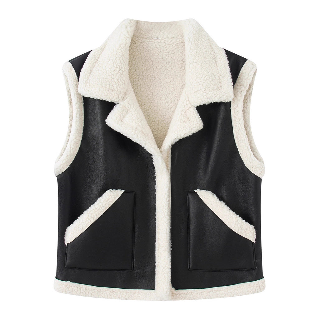Women's Sleeveless Lambskin Look Vest with Notched Collar and Patch Pockets Fashion Glam