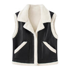 Women's Sleeveless Lambskin Look Vest with Notched Collar and Patch Pockets Fashion Glam