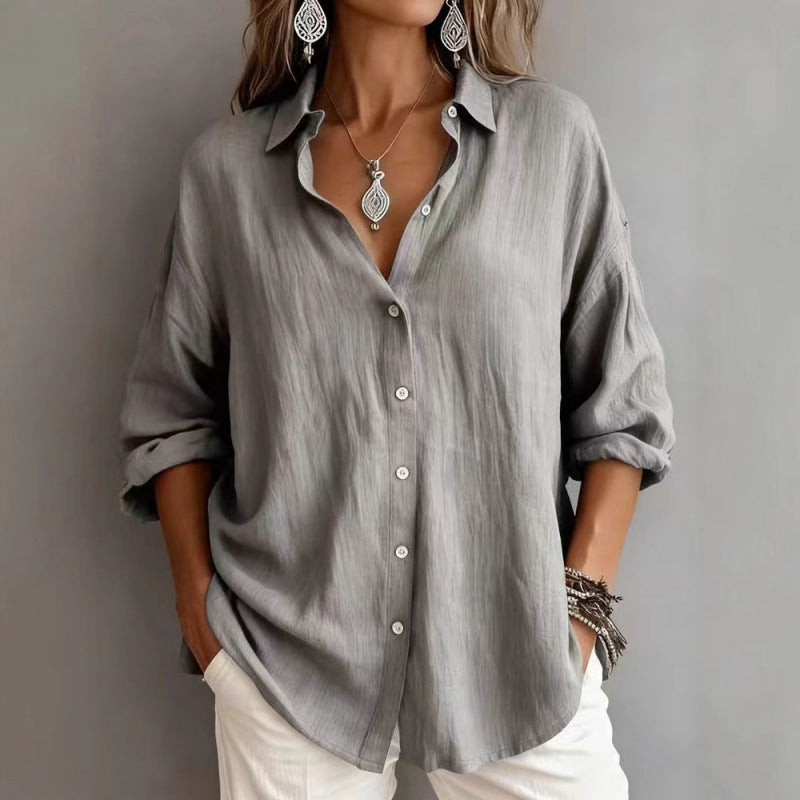 Women's Loose Linen Look Shirt with Oversized Cut and Round Hem Fashion Glam