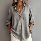 Women's Loose Linen Look Shirt with Oversized Cut and Round Hem Fashion Glam