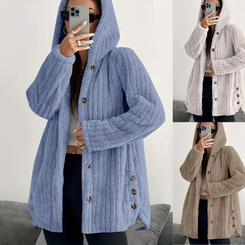 Women's Hooded Teddy Coat with Button Placket and Oversized Fit Fashion Glam