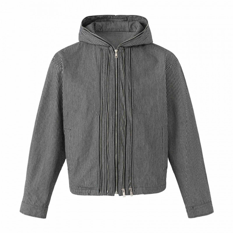 Unisex hooded jacket in boxy cut with double zipper and pinstripe look Fashion Glam
