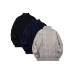 Unisex Chunky Knit Zip-up Cardigan with Cable Pattern and High Ribbed Collar Fashion Glam