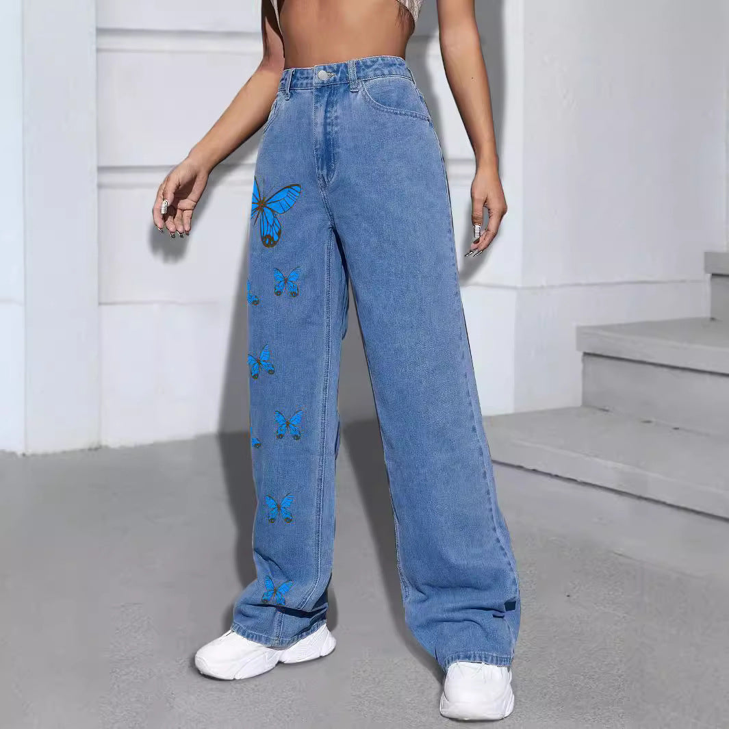Women Wide Jeans Pants with Butterfly Print Fashion Glam