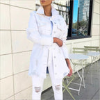 Ladies Longline Denim Jacket with Destroyed Details and Fringed Hem Fashion Glam