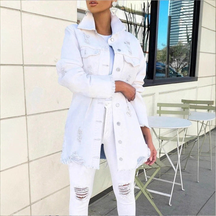 Ladies Longline Denim Jacket with Destroyed Details and Fringed Hem Fashion Glam
