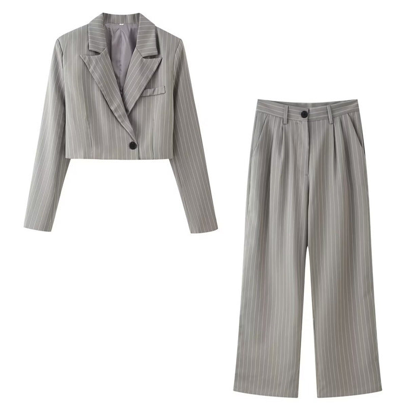 Women's two-piece pinstripe cropped blazer and high-waist wide-leg pants set Fashion Glam