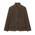 Women Short Tweed Blazer with Standing Collar, Button Placket and Flap Pockets Fashion Glam