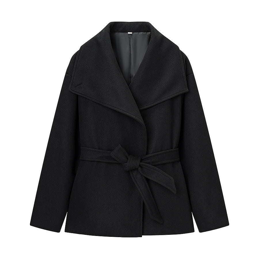Women's Short Wool Blend Coat with Wide Shawl Collar and Waist Belt Fashion Glam