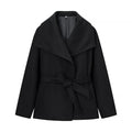 Women's Short Wool Blend Coat with Wide Shawl Collar and Waist Belt Fashion Glam