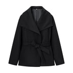 Women's Short Wool Blend Coat with Wide Shawl Collar and Waist Belt Fashion Glam