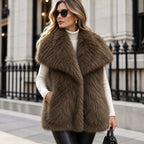 Women's Sleeveless Luxury Faux Fur Vest with Extra Soft Long Pile and Oversized Shawl Collar Fashion Glam