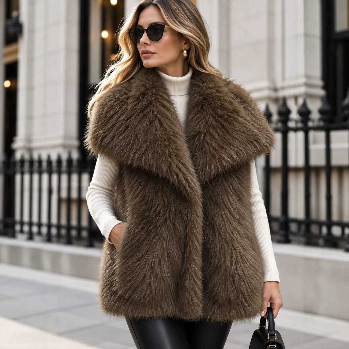 Women's Sleeveless Luxury Faux Fur Vest with Extra Soft Long Pile and Oversized Shawl Collar Fashion Glam
