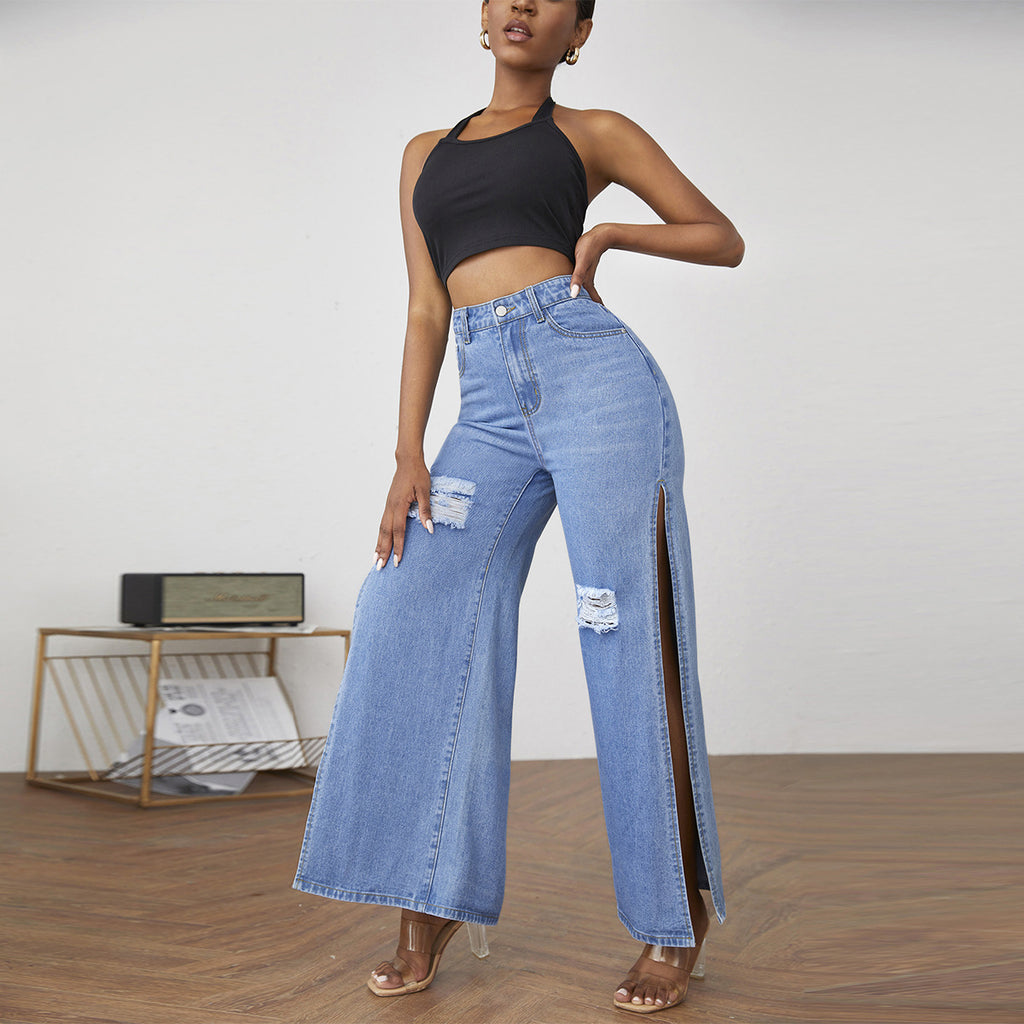 Ladies wide high-waist denim jeans with side leg slits and destroyed knee areas Fashion Glam