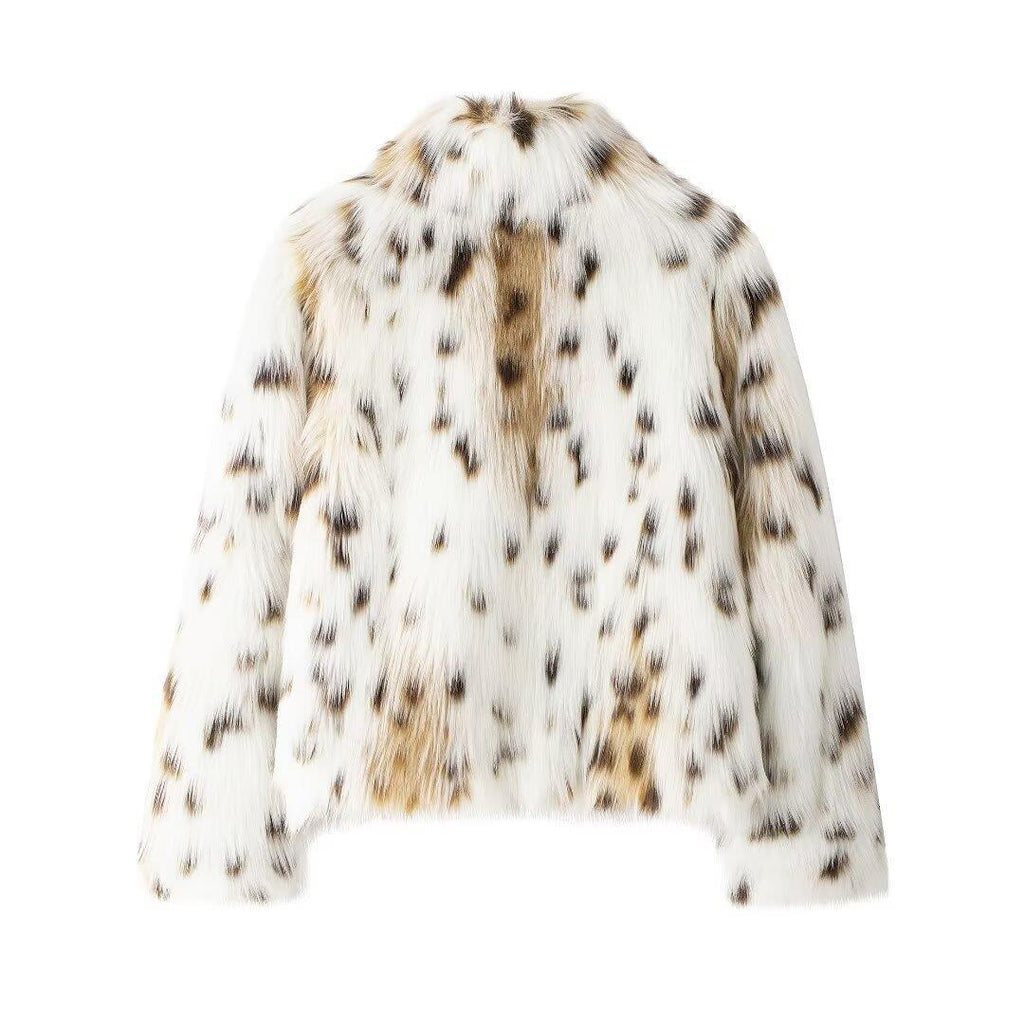 Women Short Faux-Fur Jacket with Dotted Lynx Print and Minimalist Stand Collar Fashion Glam