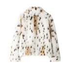Women Short Faux-Fur Jacket with Dotted Lynx Print and Minimalist Stand Collar Fashion Glam