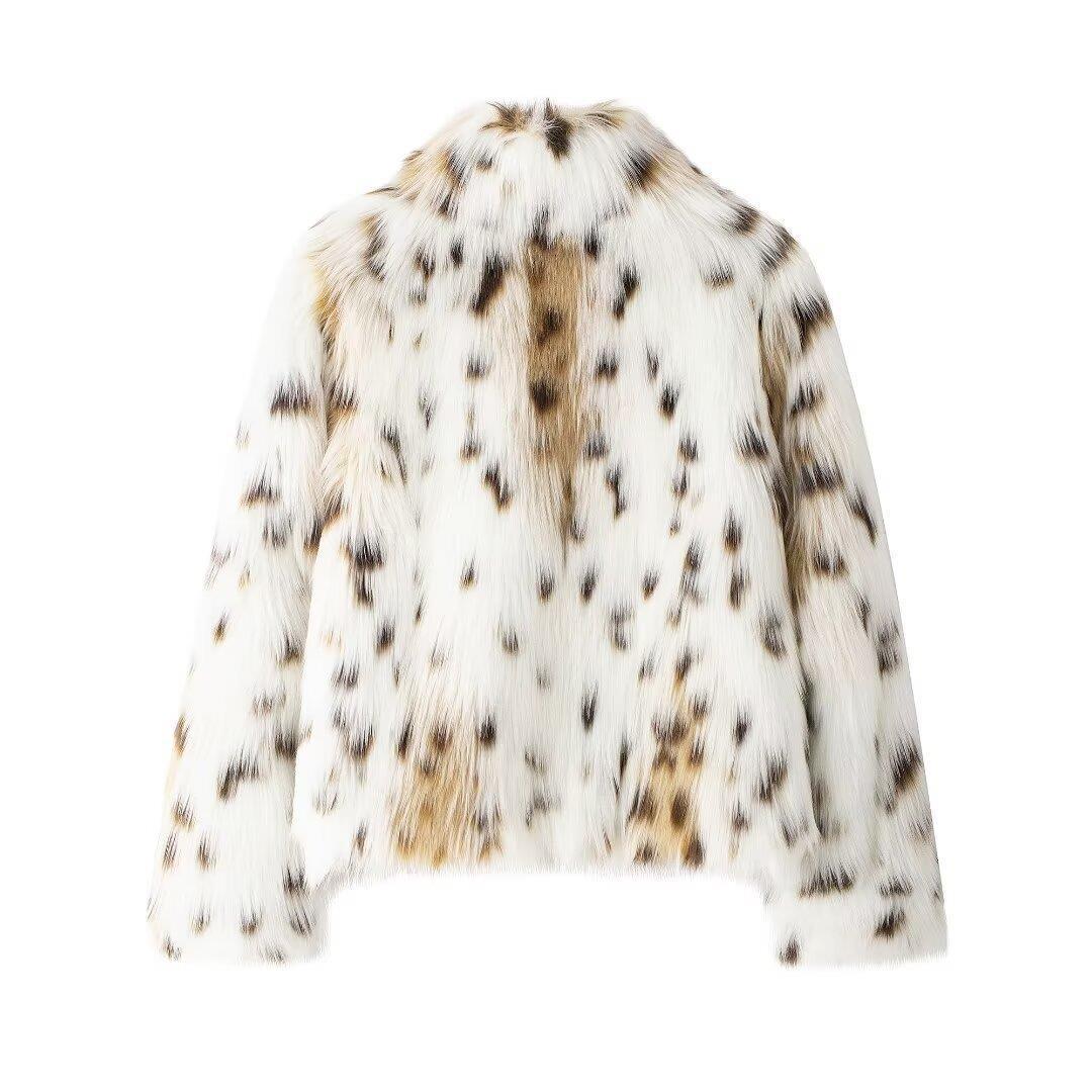Women Short Faux-Fur Jacket with Dotted Lynx Print and Minimalist Stand Collar Fashion Glam
