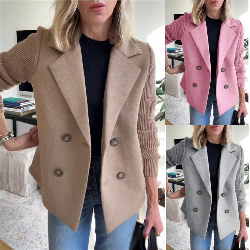 Women's Double-breasted Blazer Vest with Wide Lapels and Ribbed Knit Sleeves Fashion Glam