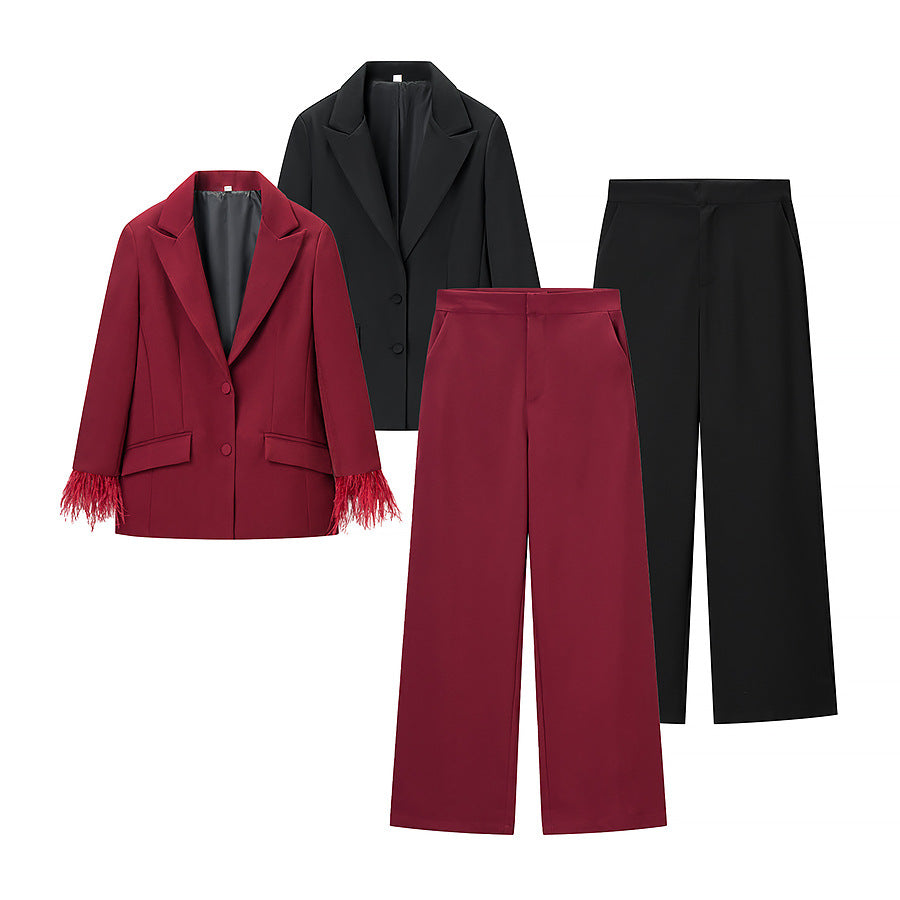 Women's Tailored Suit with Feather Cuffs and Straight-Leg Trousers Fashion Glam