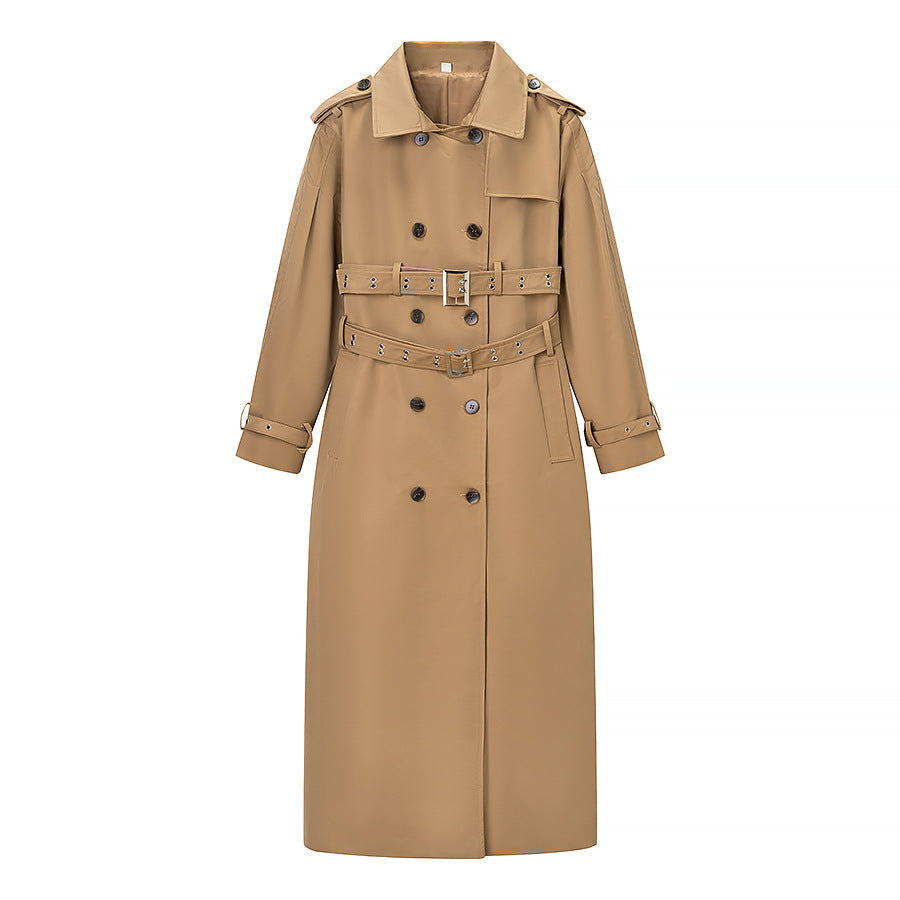 Women's Tailored Double Belt Trench Coat with Oversized Sleeves Fashion Glam
