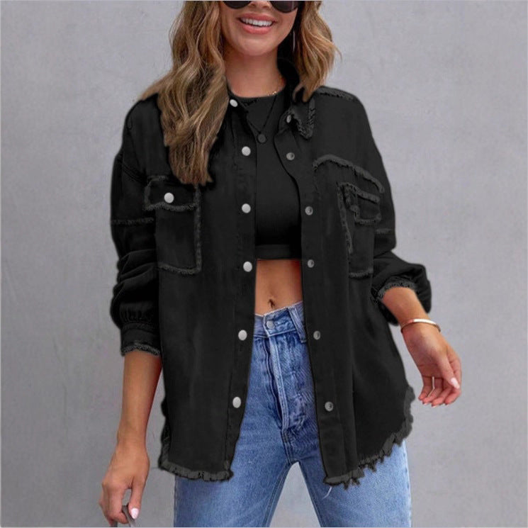 Women's Oversized Denim Utility Jacket with Frayed Edges and Flap Pockets Fashion Glam
