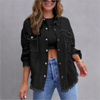 Women's Oversized Denim Utility Jacket with Frayed Edges and Flap Pockets Fashion Glam