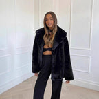 Women's short coat made of vegan high-pile with voluminous shawl collar and boxy silhouette Fashion Glam