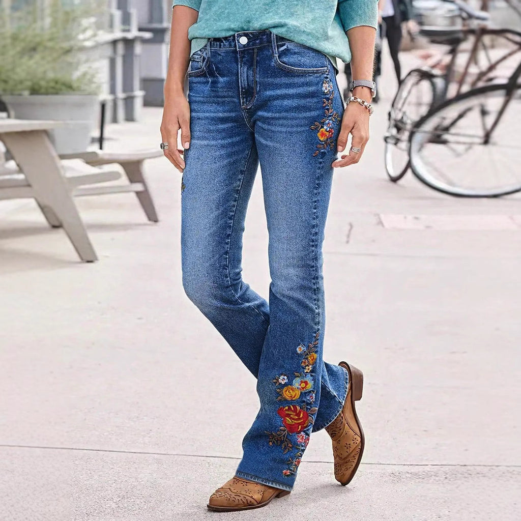 Women's Bootcut Jeans with Side Floral Embroidery and Comfortable Stretch Waistband Fashion Glam
