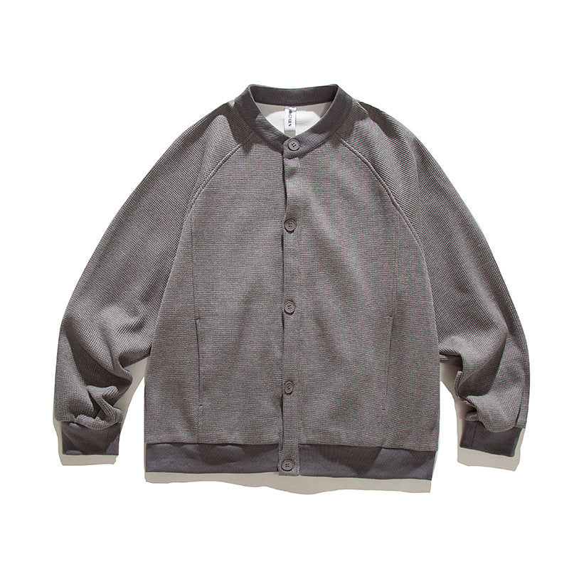 Men's waffle texture bomber-style cardigan with raglan sleeves and button placket Fashion Glam