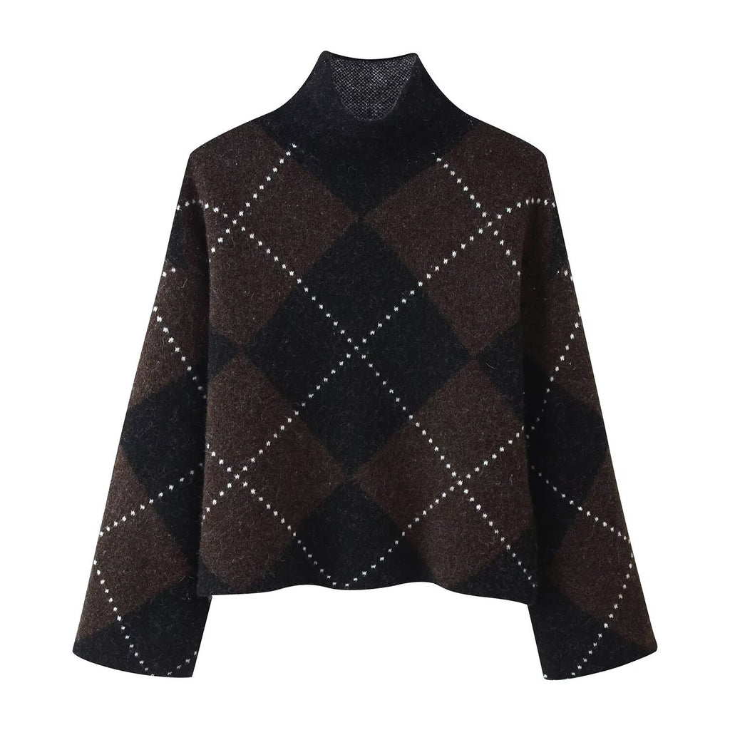 Women's Knit Set made of Turtle Neck Poncho and Mini Skirt with Argyle Pattern Fashion Glam