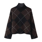 Women's Knit Set made of Turtle Neck Poncho and Mini Skirt with Argyle Pattern Fashion Glam