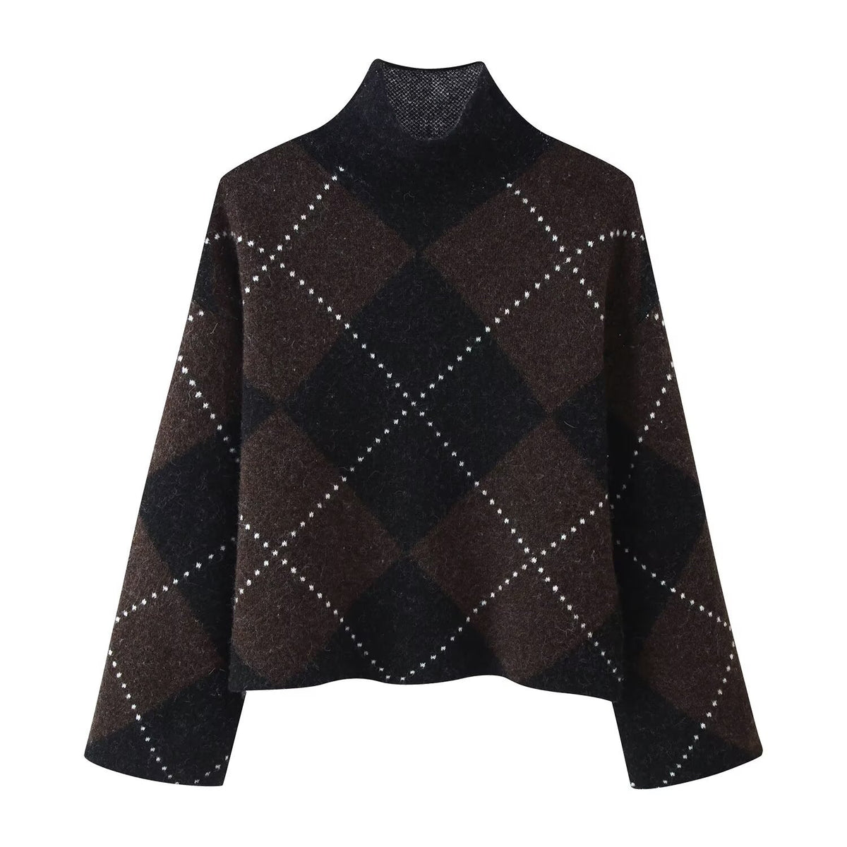 Women's Knit Set made of Turtle Neck Poncho and Mini Skirt with Argyle Pattern Fashion Glam