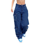 Women's high-waisted wide cargo denim pants with elastic waistband and multiple pockets Fashion Glam