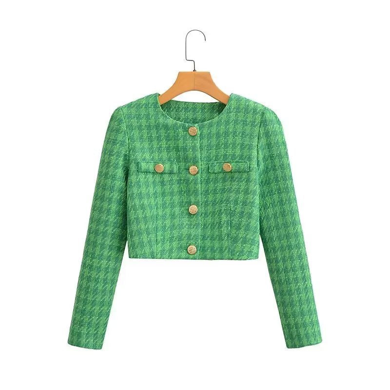 Women's Short Cut Boucle-Tweed Blazer with Boxy Silhouette and Tailored Back Seam Fashion Glam
