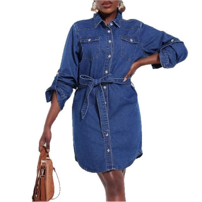 Women's denim shirt dress with waist belt and patch breast pockets Fashion Glam